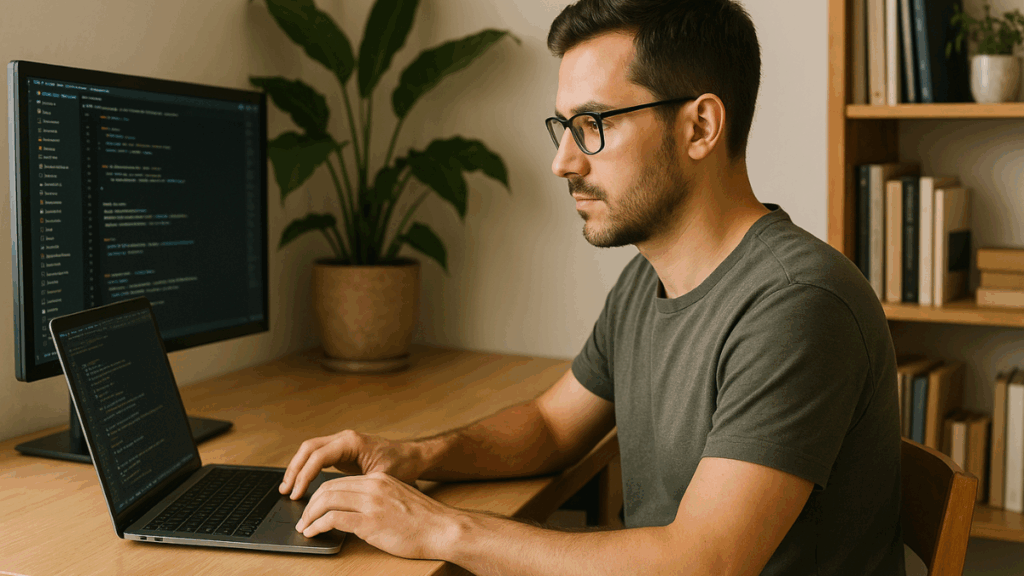 Homem programando em setup com dois monitores em home office iluminado