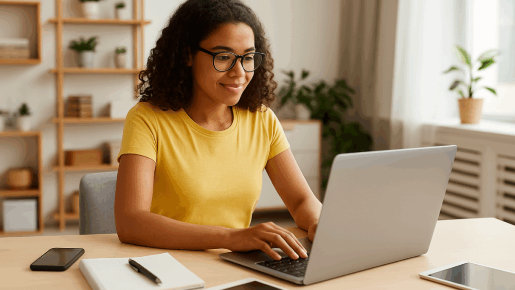 Mulher trabalhando com notebook, smartphone e tablet em espaço de trabalho remoto
