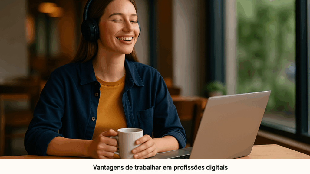 Mulher jovem sorrindo enquanto trabalha remotamente com laptop e fones de ouvido em um café moderno, representando as vantagens das profissões digitais.