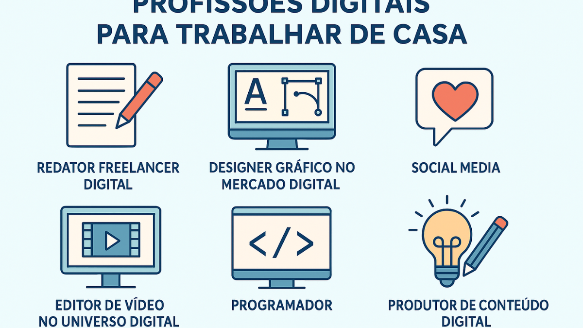 Imagem ilustrativa com seis profissões digitais em destaque: redator freelancer, designer gráfico, social media, editor de vídeo, programador e produtor de conteúdo digital, todas associadas ao trabalho remoto.