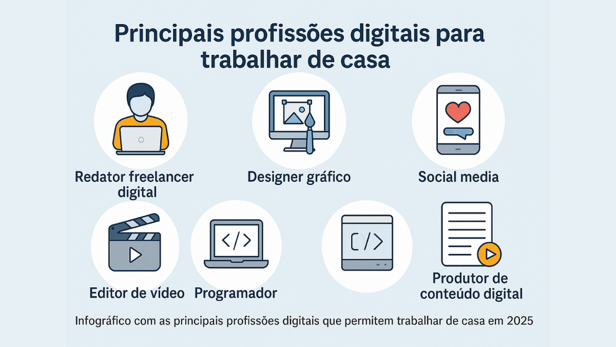 Infográfico ilustrado com seis profissões digitais populares em 2025: redator, designer gráfico, social media, editor de vídeo, programador e produtor de conteúdo digital, associadas ao trabalho remoto.