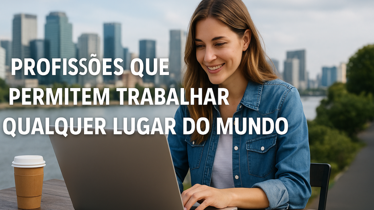 Mulher trabalhando com laptop ao ar livre representando profissões remotas e flexíveis.
