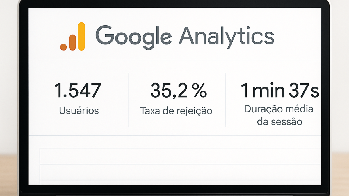 Tela centralizada do Google Analytics com dados de usuários, taxa de rejeição e tempo médio de sessão.