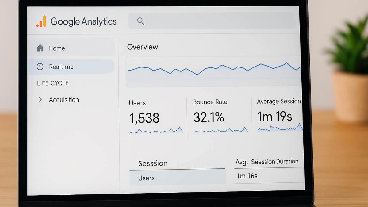 Painel do Google Analytics mostrando usuários, taxa de rejeição e duração média da sessão.
