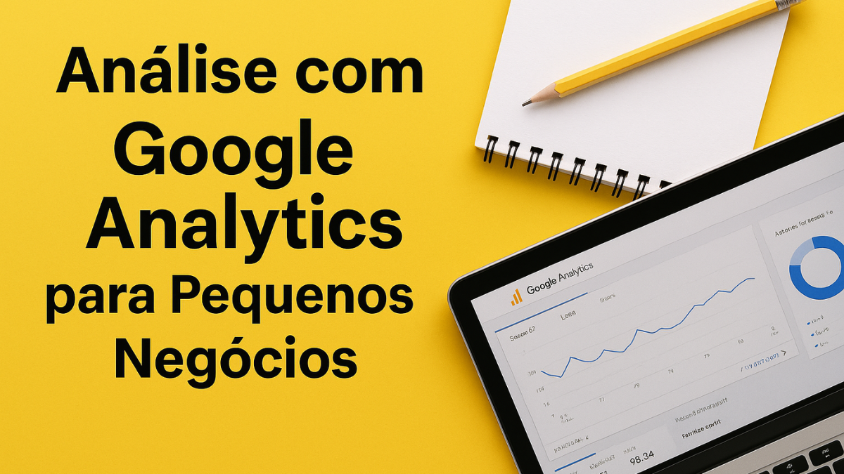 Gráfico de Google Analytics exibido em um notebook sobre fundo amarelo com bloco de anotações e lápis