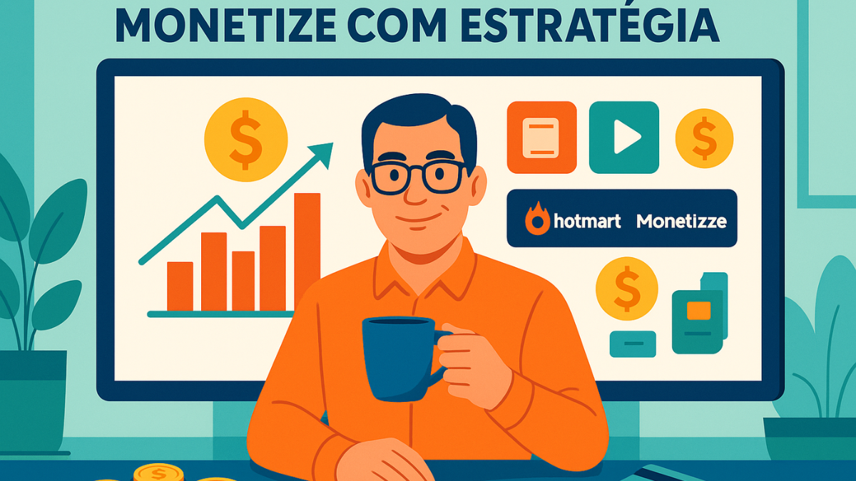 Homem em frente a gráfico de crescimento com logos da Hotmart e Monetizze, cartões e moedas
