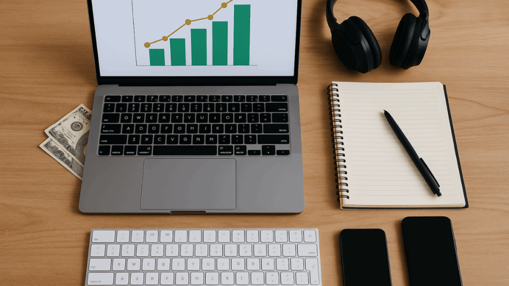 Mesa organizada com notebook exibindo gráfico de crescimento financeiro, representando produtividade e rentabilidade no trabalho digital remoto.