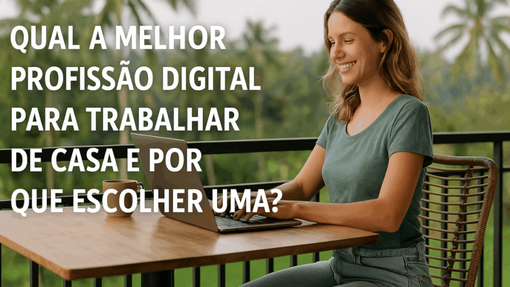 Mulher digitando em laptop em varanda ao ar livre com cenário tropical, representando liberdade ao escolher a melhor profissão digital para trabalhar de casa.