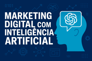 Profissional analisando dados de marketing digital com interface de inteligência artificial em tela