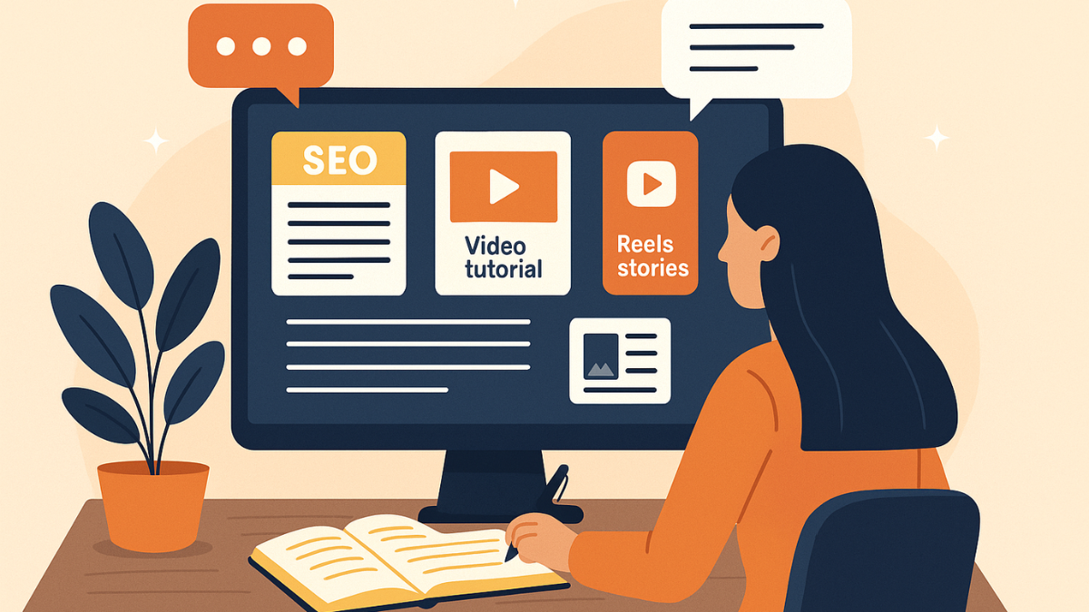 Mulher produzindo conteúdo digital com tela exibindo SEO, vídeo tutorial e stories