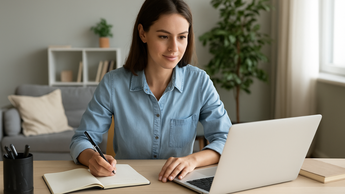 Mulher trabalhando de casa com laptop e caderno, representando as principais profissões digitais remotas.