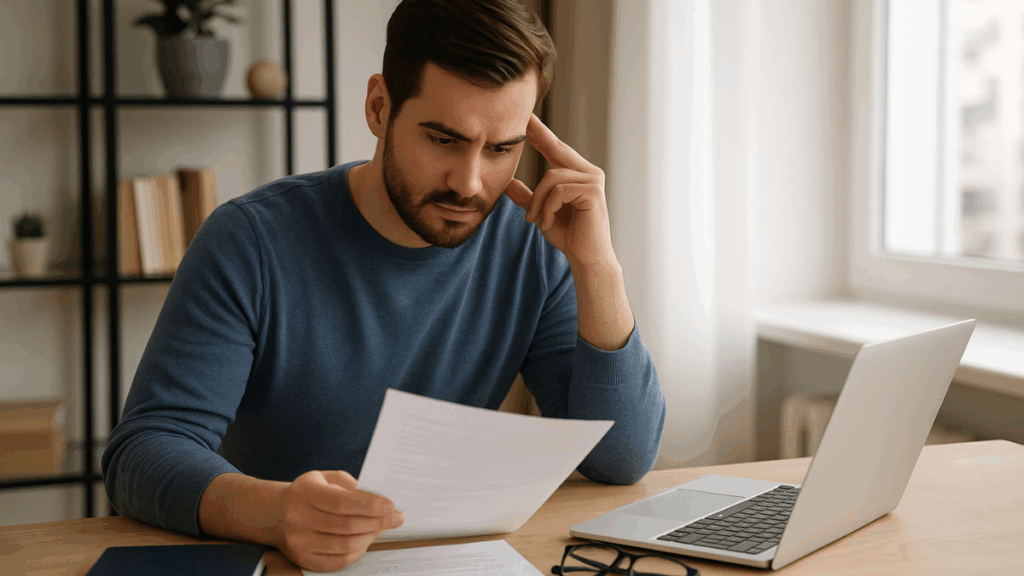 Homem refletindo sobre carreira digital em home office com laptop e documentos sobre a mesa.