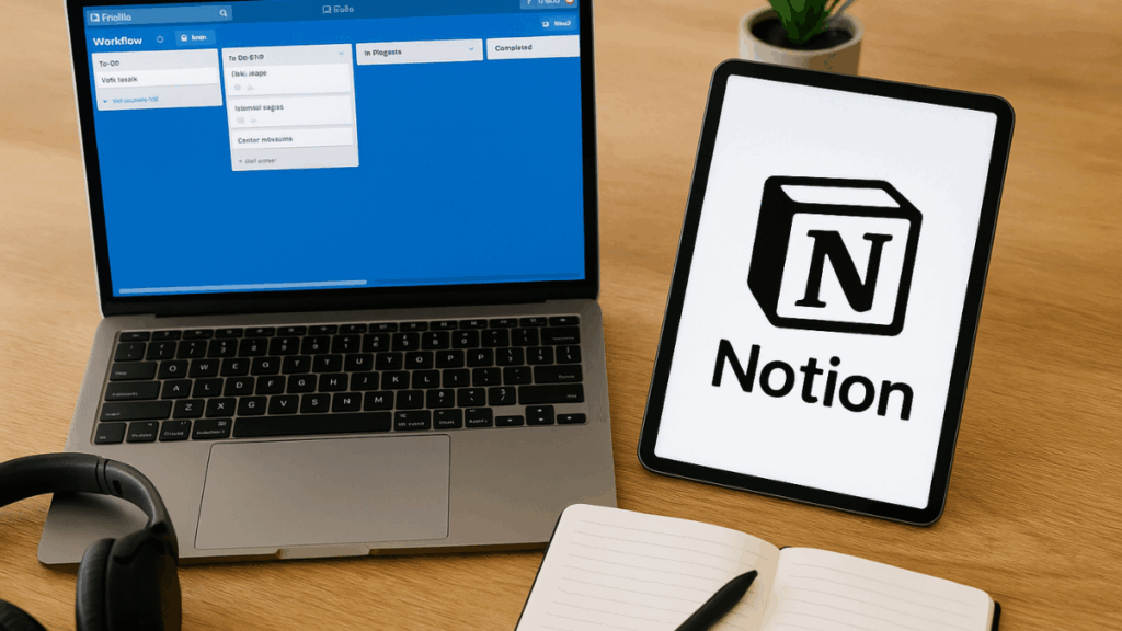 Workspace com Trello aberto no notebook e Notion no tablet, representando organização digital no home office.