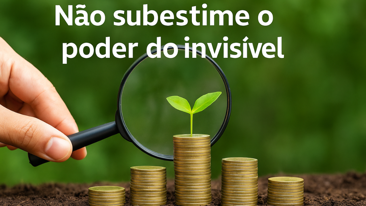 Mão segurando lupa sobre moedas empilhadas com muda crescendo no topo