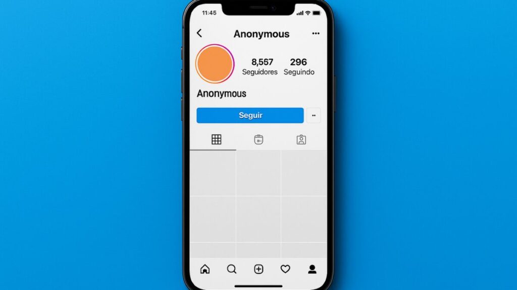 Celular exibindo perfil anônimo no Instagram com nome, seguidores e layout inicial.