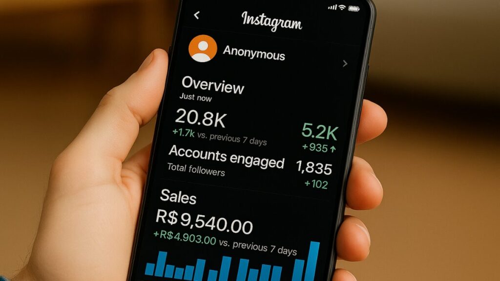 Celular mostrando dados de vendas e crescimento de seguidores em perfil anônimo do Instagram.
