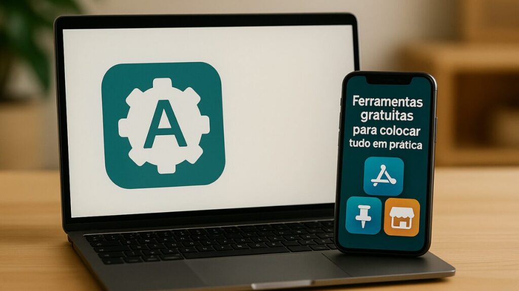 Notebook e celular exibindo ferramentas gratuitas para estratégias digitais no Instagram.