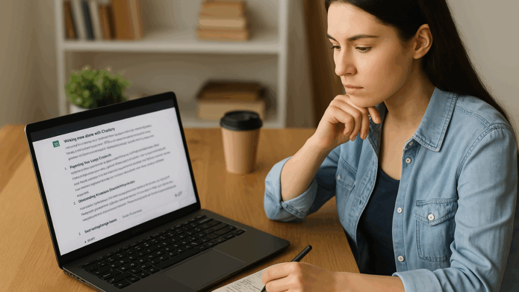 Jovem escrevendo e revisando um ebook com ajuda do ChatGPT