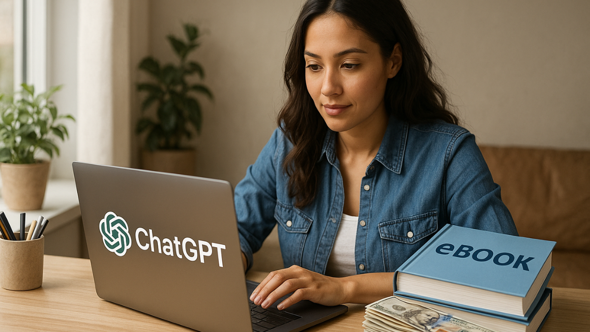Mulher criando ebook com ChatGPT em laptop, com dinheiro e livros sobre a mesa