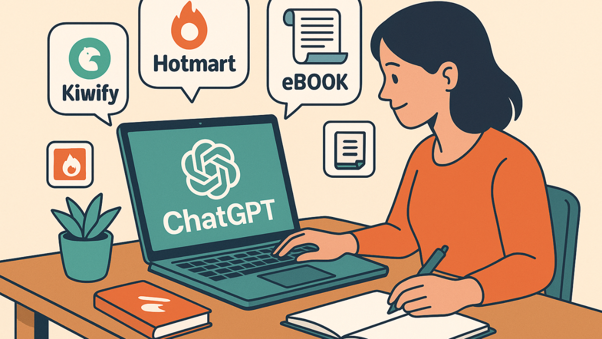 Mulher usando o ChatGPT para criar ebooks, com ícones do Hotmart, Kiwify e materiais digitais ao fundo