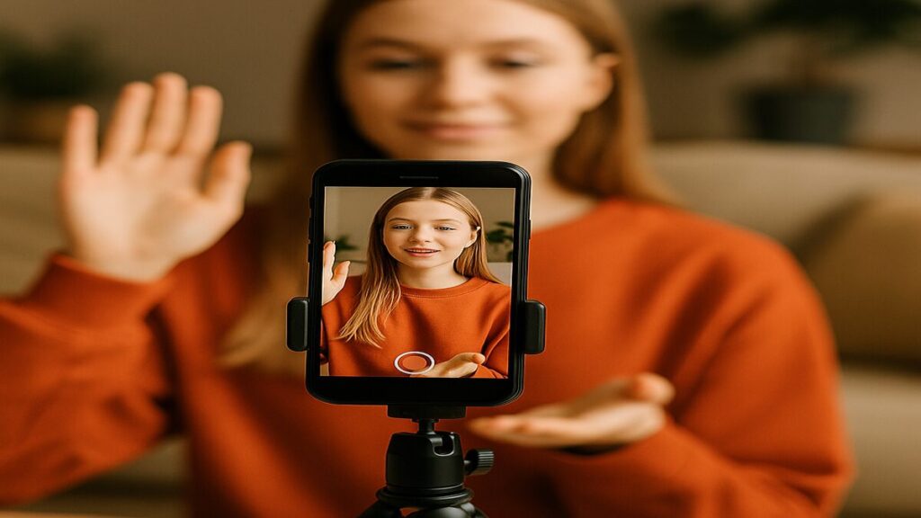 Mulher usando o celular para criar vídeos virais sem mostrar o rosto e atrair seguidores no Instagram.
