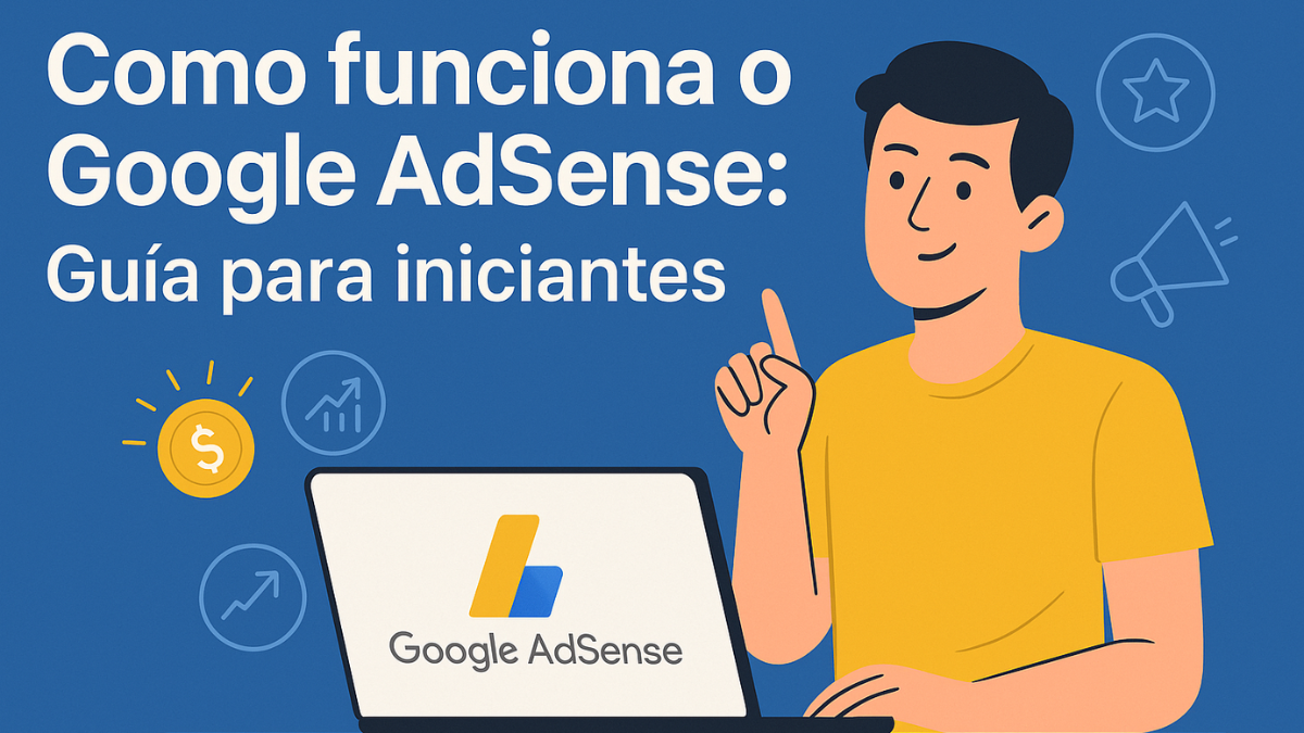 Pessoa sentada em frente ao computador com ícones de anúncios, monetização e gráfico de lucros, representando o funcionamento do Google AdSense.
