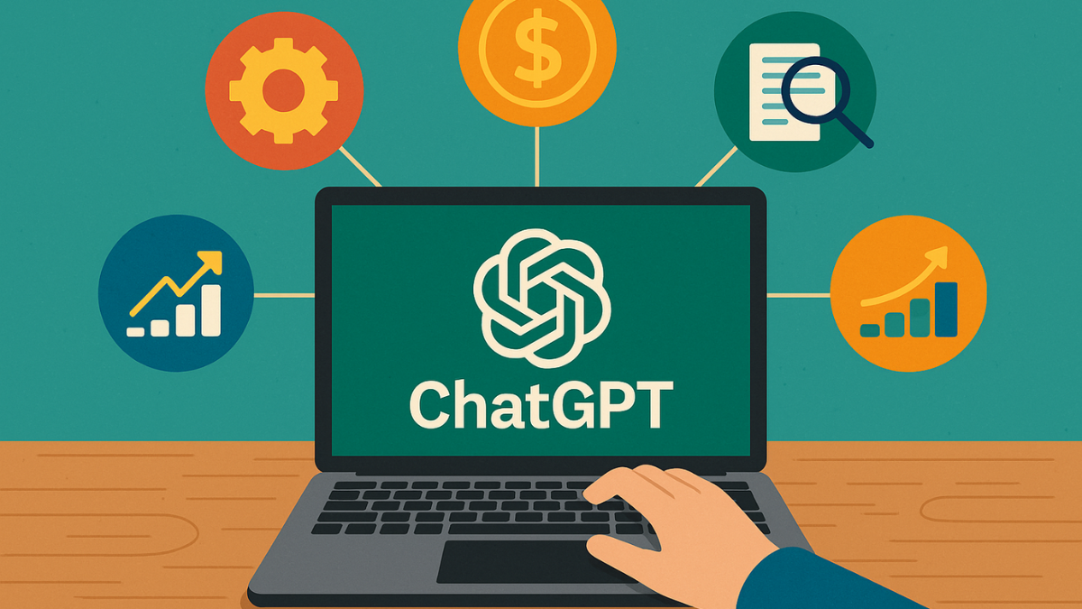 Notebook com logotipo do ChatGPT e ícones representando ferramentas de produtividade, monetização e automação ao redor.