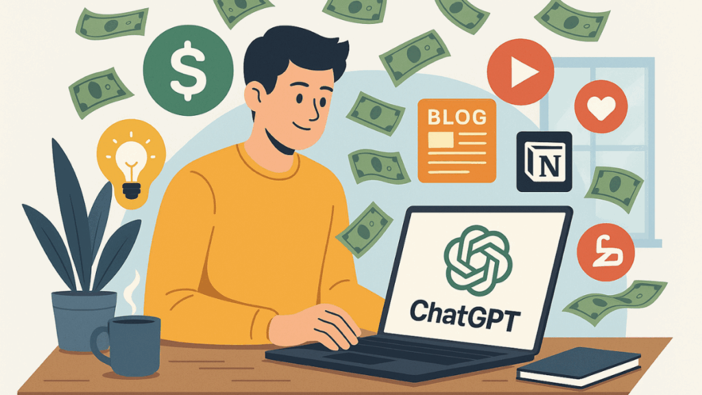 Homem usando ChatGPT no notebook com ícones de blog, Notion, curtidas, vídeos e dinheiro ao redor.