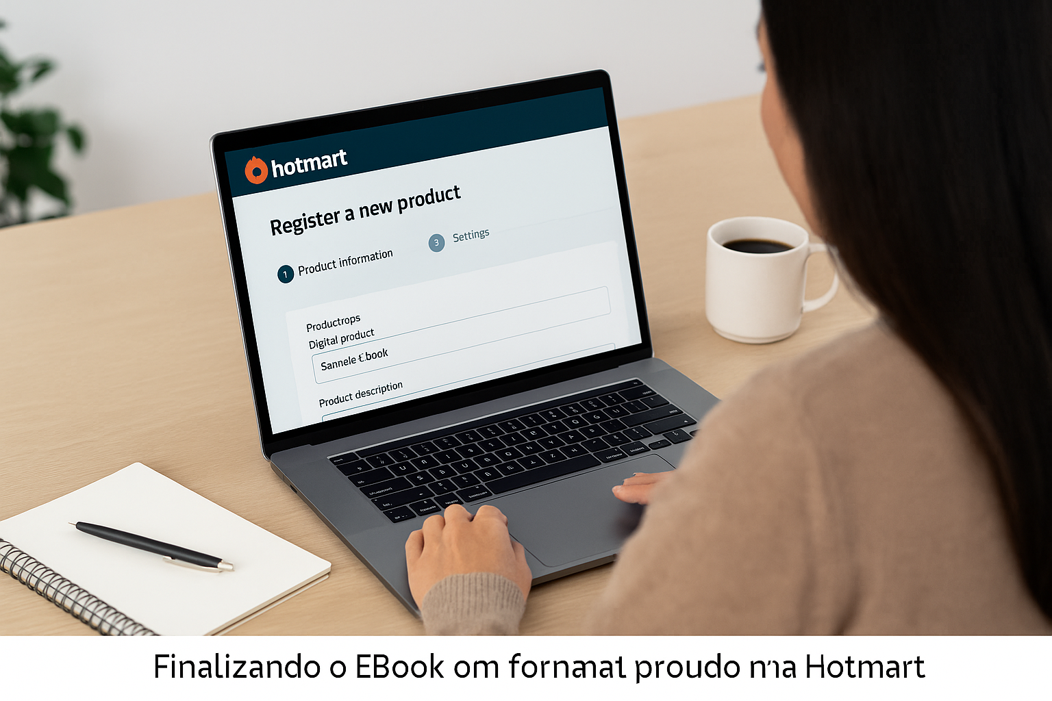 ela de cadastro de produto digital na Hotmart em um notebook