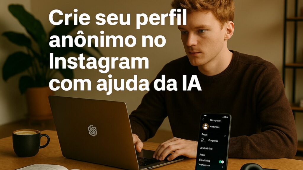 Jovem criando perfil anônimo no Instagram com a ajuda da inteligência artificial, usando o celular e o notebook em ambiente de trabalho.
