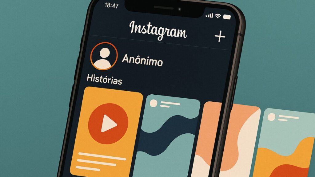 Smartphone com interface do Instagram mostrando Stories de um perfil anônimo com elementos gráficos vibrantes.