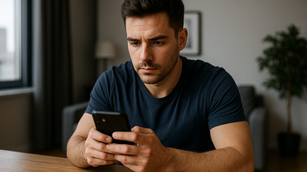Homem jovem olhando para o celular em um ambiente moderno, criando um perfil anônimo no Instagram.
