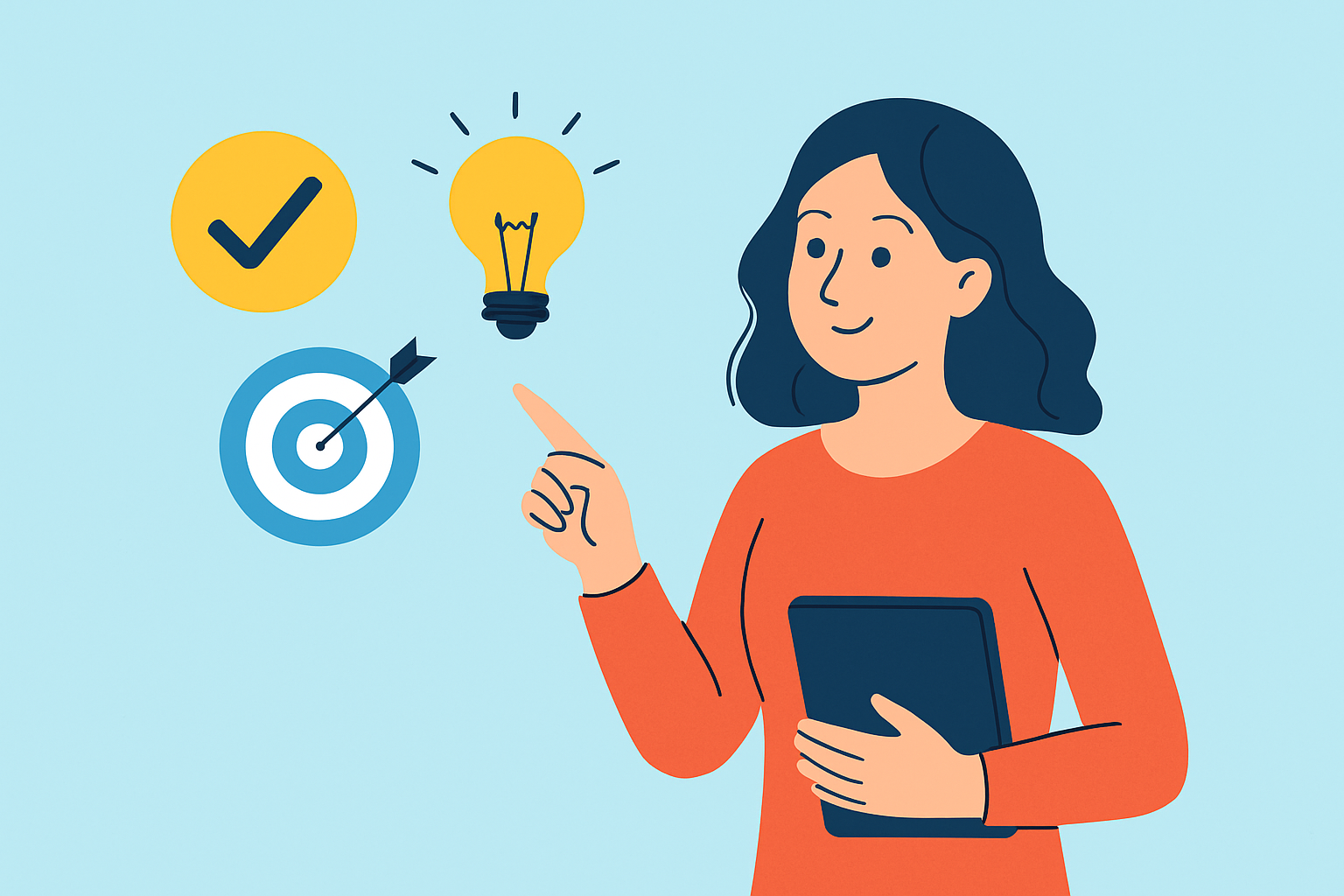 Mulher apontando para ícones de conclusão, ideia e objetivo, simbolizando o encerramento do artigo sobre como funciona o Google AdSense.