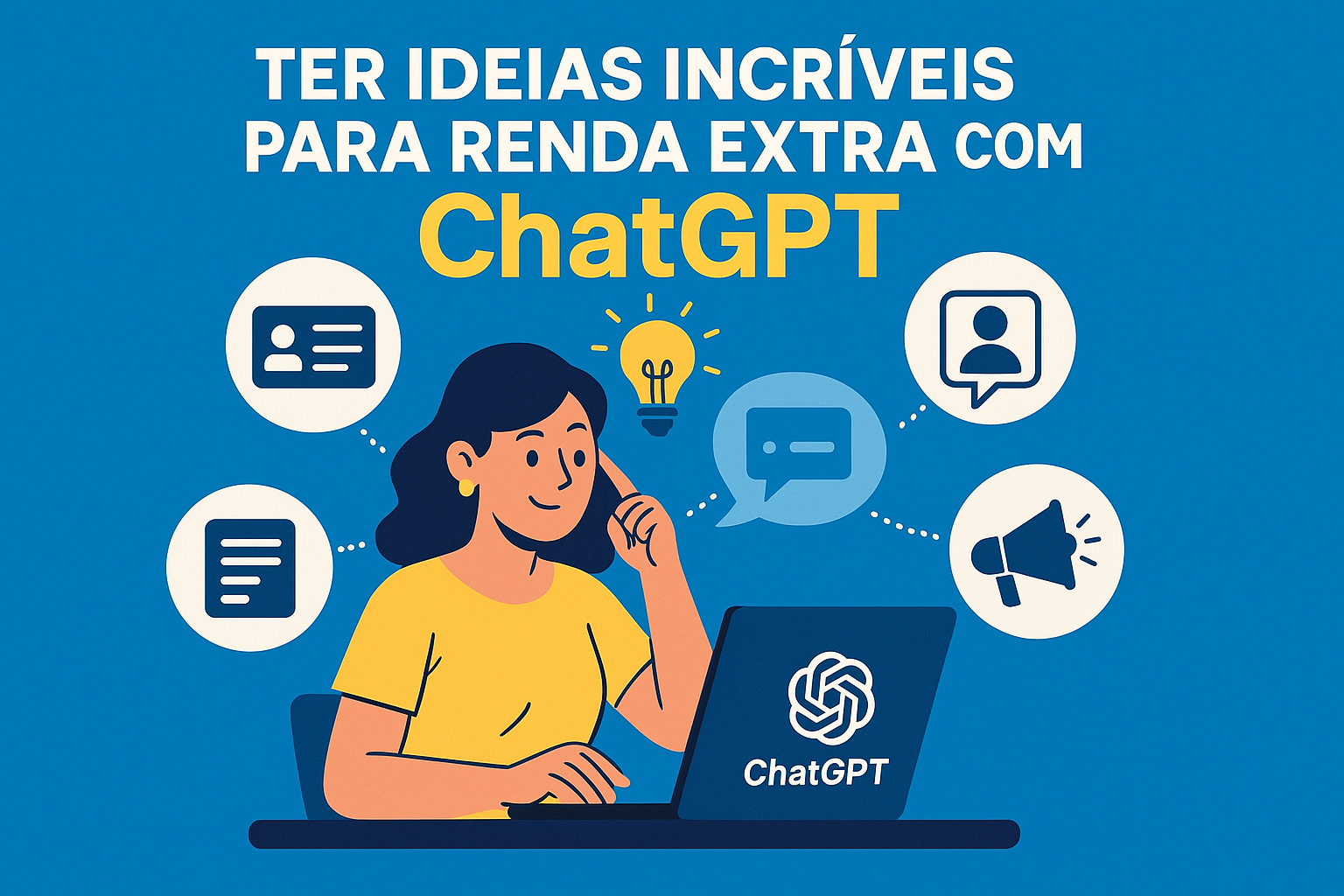 Mulher tendo ideias criativas com a ajuda do ChatGPT, com ícones de lâmpada, diálogo, branding e marketing.