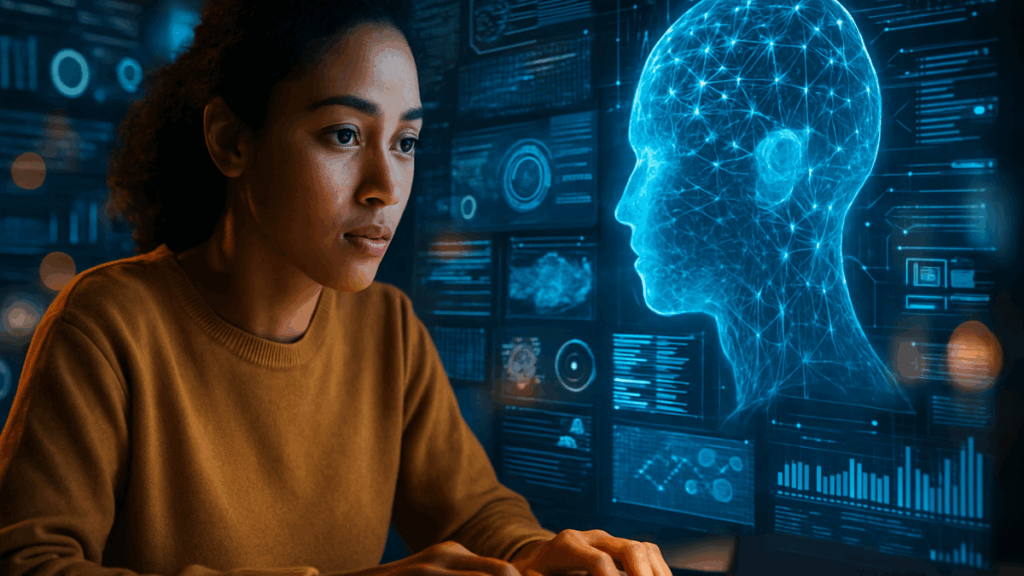 Jovem mulher utilizando laptop enquanto observa projeções digitais de dados e rosto cibernético.