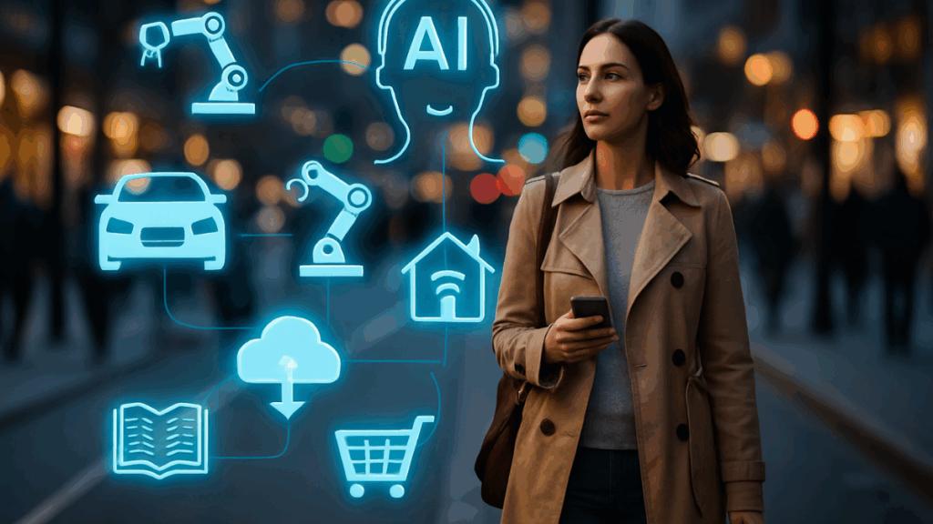 Mulher caminhando pela cidade enquanto interage com tecnologias inteligentes no cotidiano.