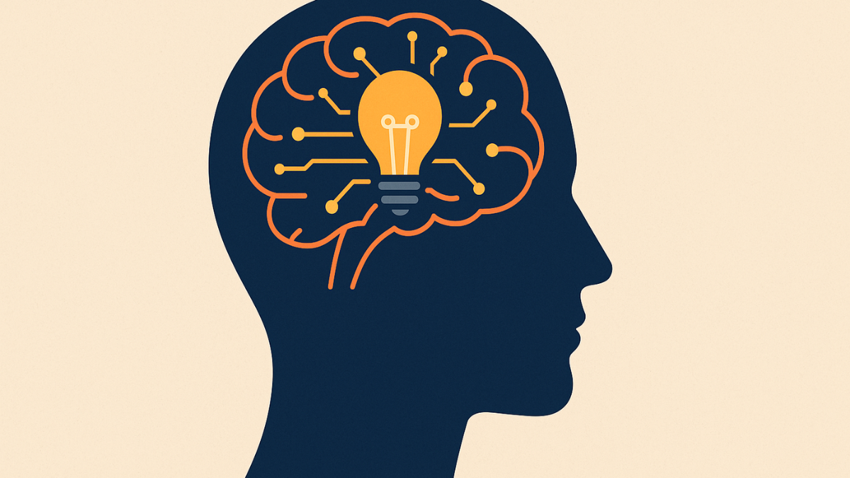  Ilustração de perfil humano com cérebro digital estilizado em forma de circuitos e lâmpada.