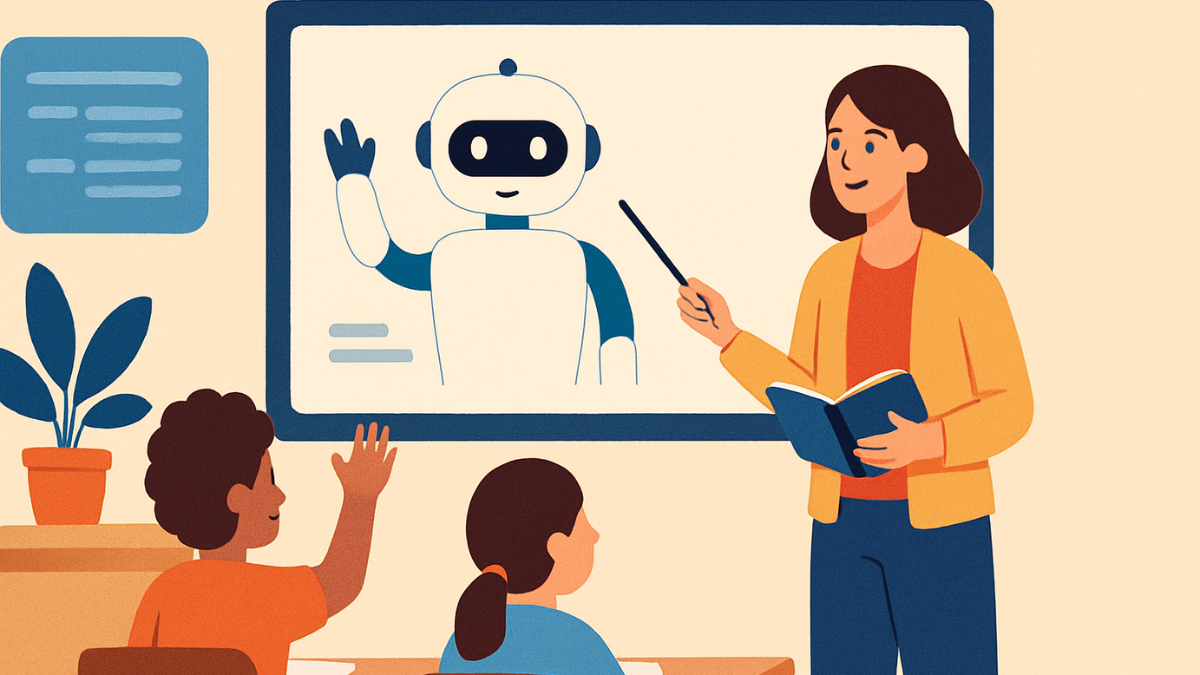 Sala de aula moderna com professora ensinando alunos por meio de robô exibido em tela.