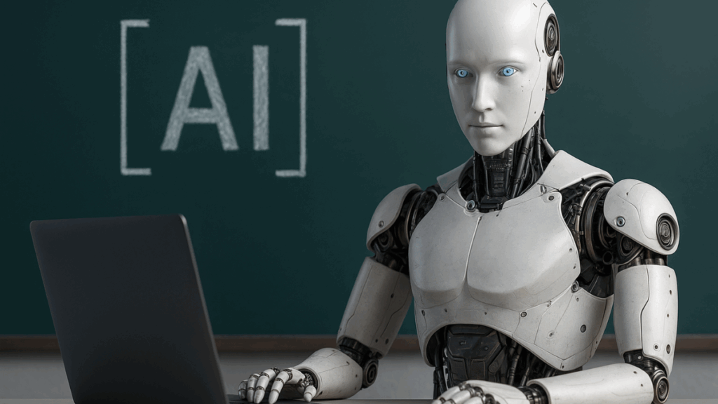 Robô humanoide sentado diante de um laptop, com quadro verde ao fundo.