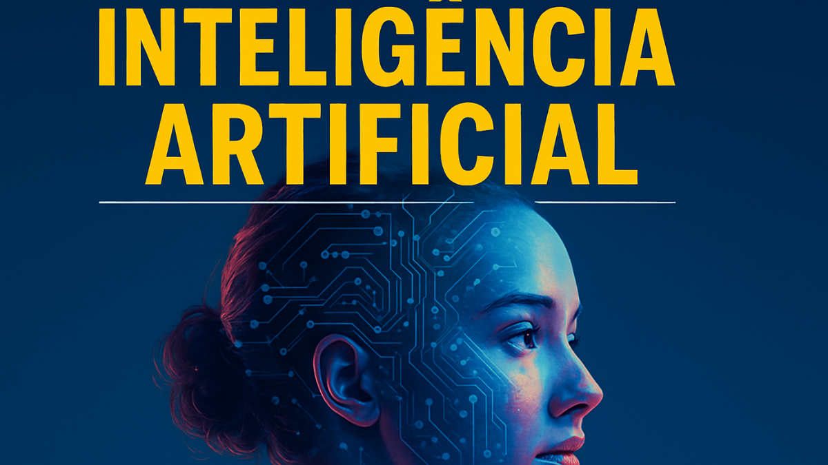 Capa de revista com o título "Inteligência Artificial" e rosto feminino com circuitos digitais.