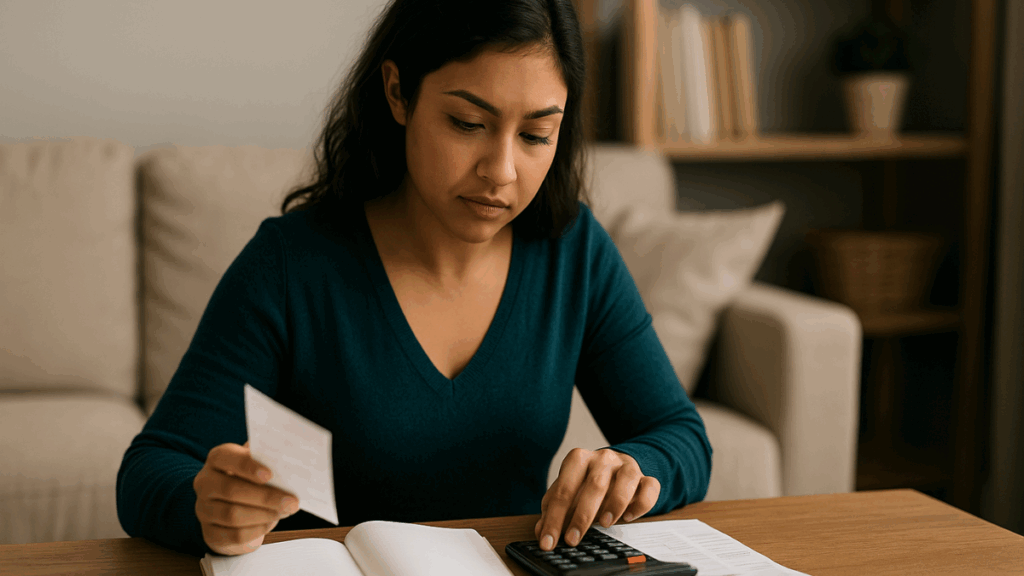 Mulher concentrada usando calculadora e analisando recibos na mesa de casa
