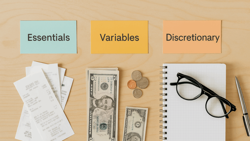 Mulher concentrada usando calculadora e analisando recibos na mesa de casa
