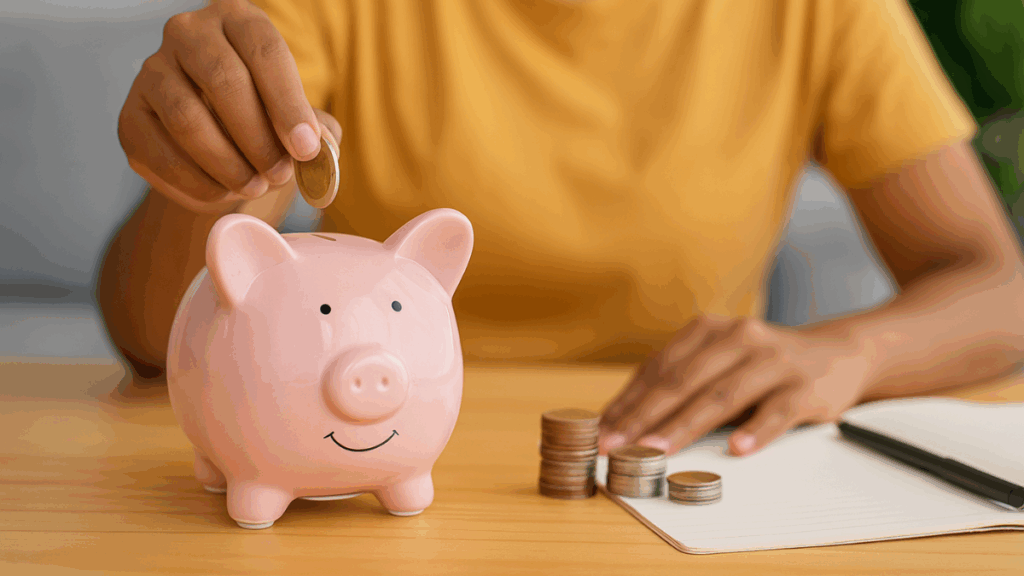 Pessoa colocando uma moeda em um cofrinho rosa com pilhas de moedas ao lado
