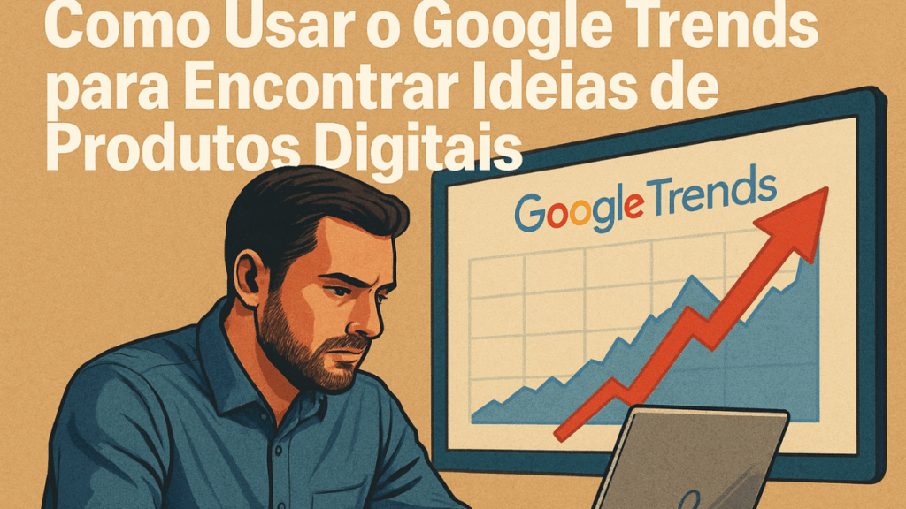 Homem analisando o Google Trends para Produtos Digitais, seguindo um passo a passo para encontrar tendências de mercado.