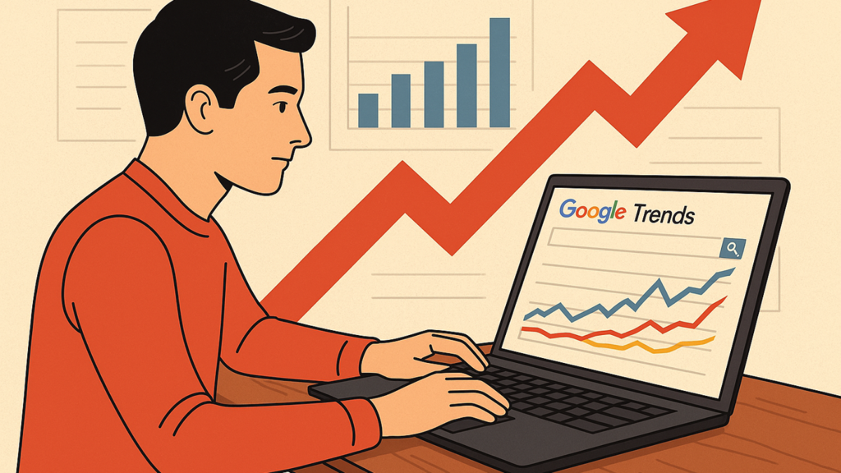   Homem analisando gráficos de tendências de busca no Google Trends para Produtos Digitais.