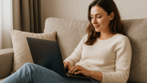 Mulher sentada no sofá usando notebook com tranquilidade e foco, ilustrando a liberdade do trabalho digital.