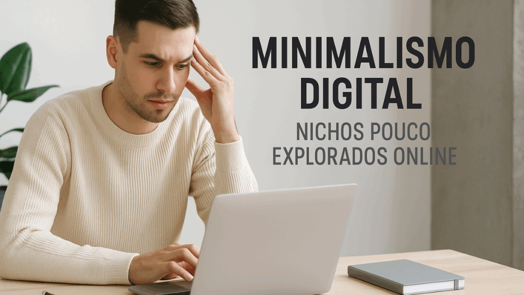 Jovem trabalhando com foco em minimalismo digital, explorando nichos pouco explorados online para criar negócios rentáveis