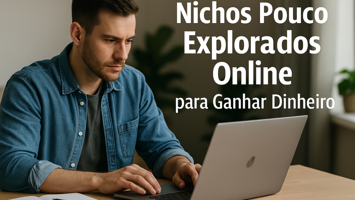 Homem jovem usando laptop para pesquisar nichos pouco explorados online para ganhar dinheiro