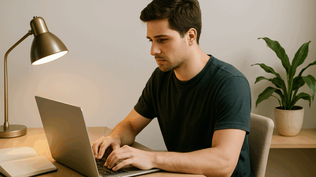 Homem em ambiente doméstico organizando seu negócio online com foco e simplicidade.

