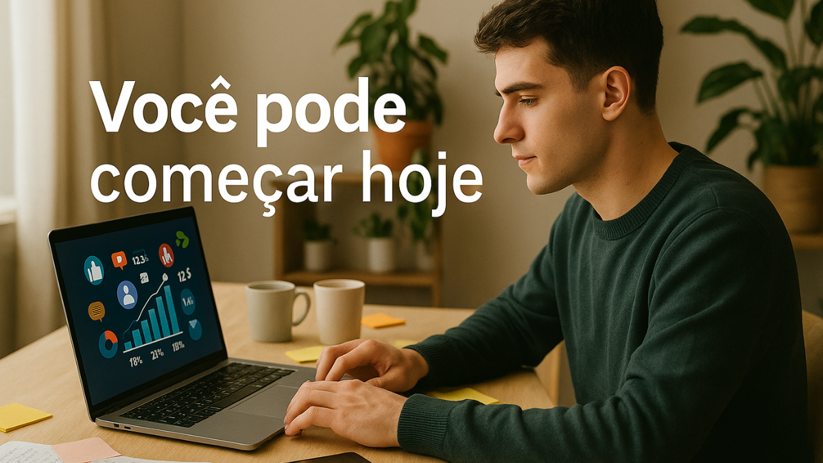 Jovem empreendedor trabalhando com notebook e gráficos digitais em casa, cercado de papéis e anotações
